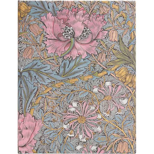 Morris Pink Honeysuckle (William Morris) Ultra 12-month Vertical Hardback Dayplanner 2025 (Elastic Band Closure): tydzień na dwóch stronach, zamykany na gumkę, papier 100 gsm