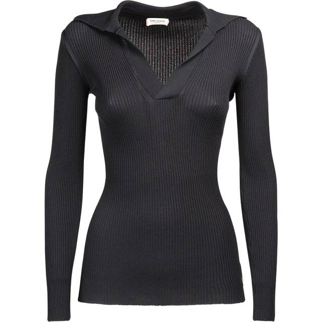 SAINT LAURENT - Embellished Ribbed-knit Polo Sweater - Black