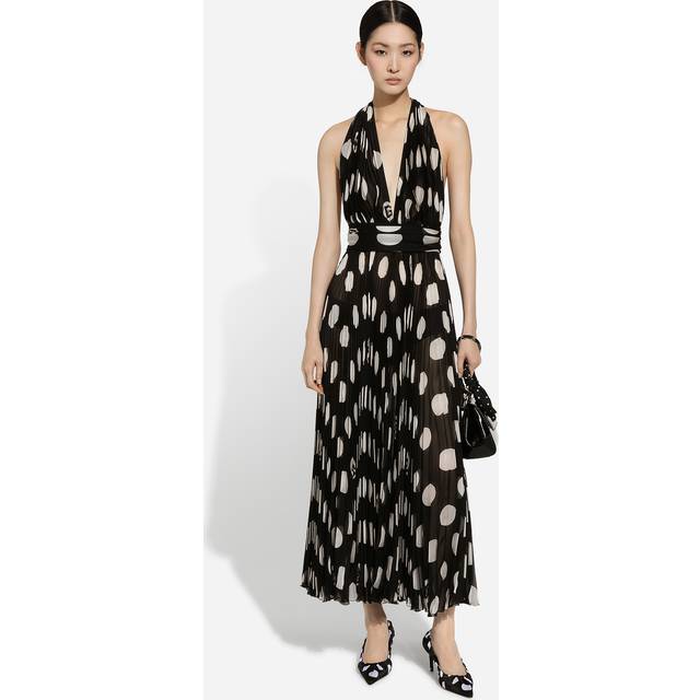 Dolce & Gabbana - Halterneck Polka-dot Silk Plissé-chiffon Midi Dress - Black - IT 38