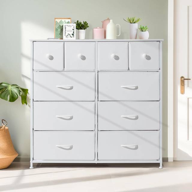 Borough Wharf 98cm Chest Of Drawers, 10 Fabric Drawers Bedroom Cabinet with Handles and Metal Frame White 100cm H X 98cm W X 30cm D