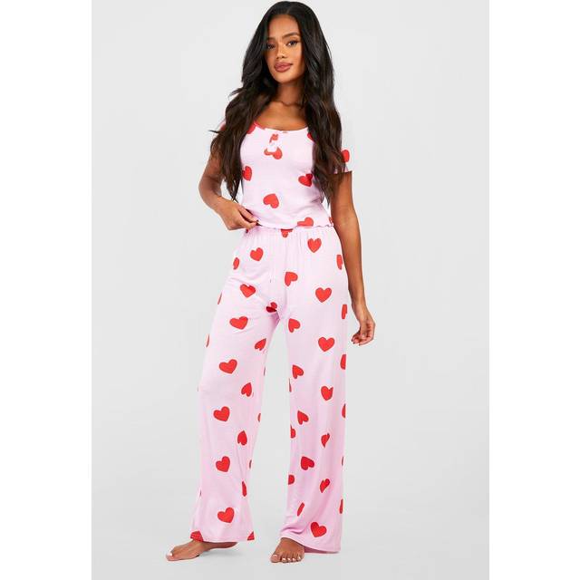 Womens Heart Print Button Front Cami Top & Trousers Pyjama Set - Pink - 6, Pink