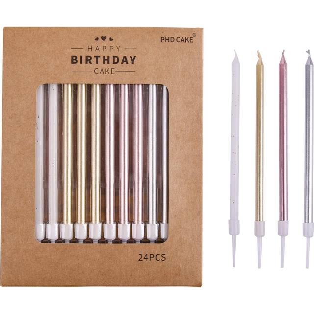 PHD CAKE 24Count Long Birthday Candles in Holders in Gold Silver Rose Gold White  Cake Candles  Birthday Parties  Wedding Decor