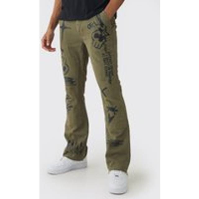 Fixed Waist Slim Flare Twill Laser Printed Carpenter Trousers - Green - 30