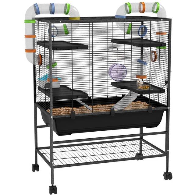 PawHut Large Hamster Cage - Rat Cage w/ Wheels - Tubes - Storage Shelf - Ramps | TJ Hughes Black