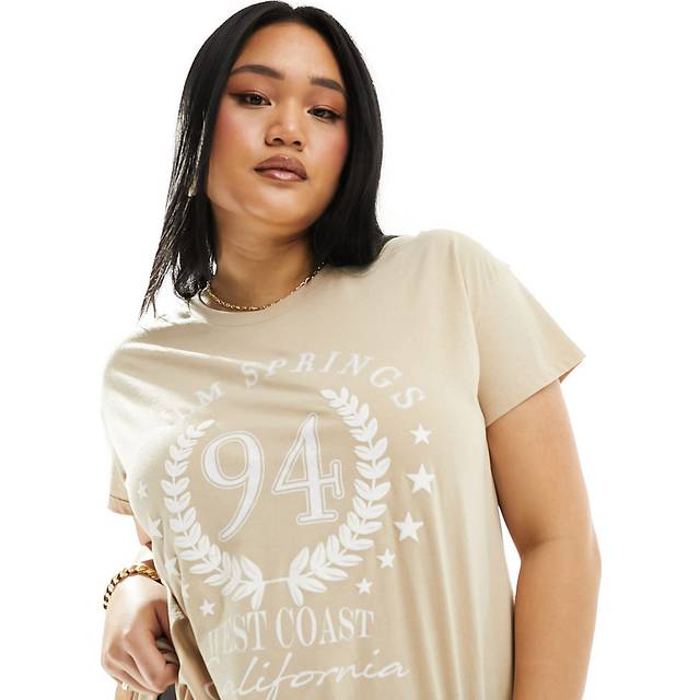 Yours Curve Beige Brown 'Palm Springs' Slogan Tshirt, Women's Curve & Plus Size, Yours - 26-28