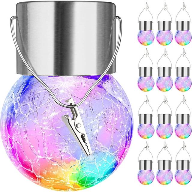 12-Pack Hanging Solar Lights Outdoor, Decorative Cracked Glass Ball Light, Solar Powered Waterproof Globe Lighting with Handle for Garden(Multicolor)