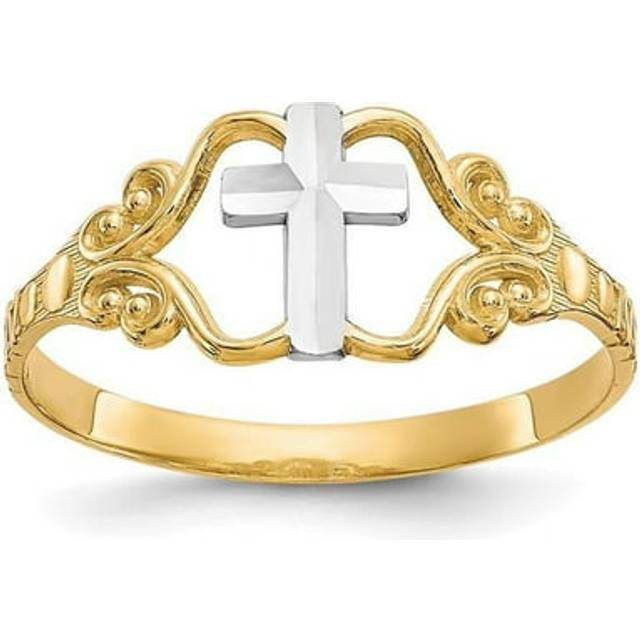 10K Yellow with Rhodium Polished Cross Ring - Size 6