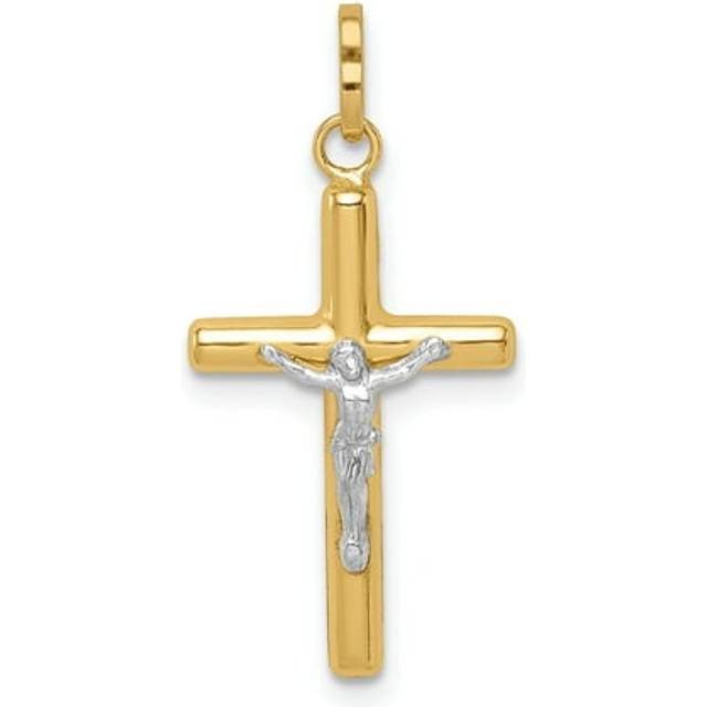 14K Yellow & Rhodium with White Polished Hollow Crucifix Charm