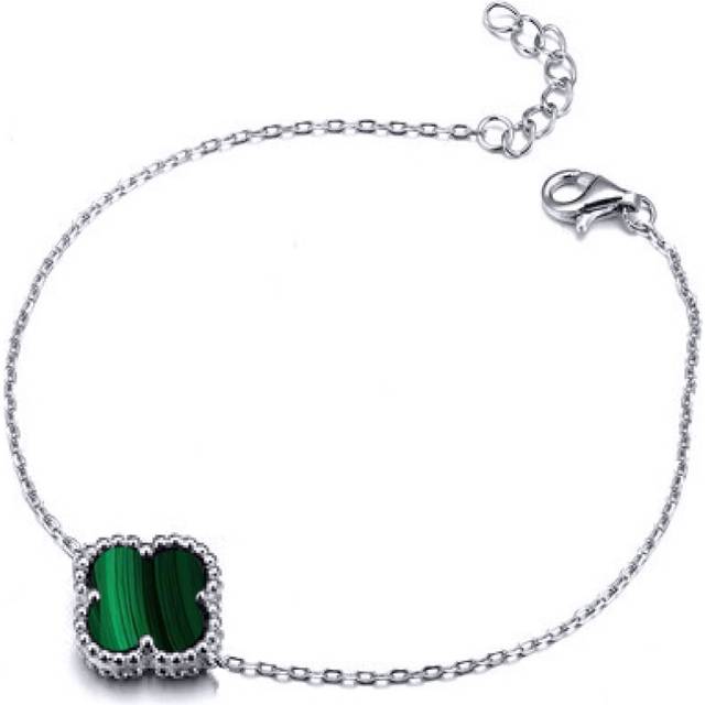 Jewelco London Silver Green Clover Malachite Lucky Charm Chain Bracelet 7-8.5" - ABB240