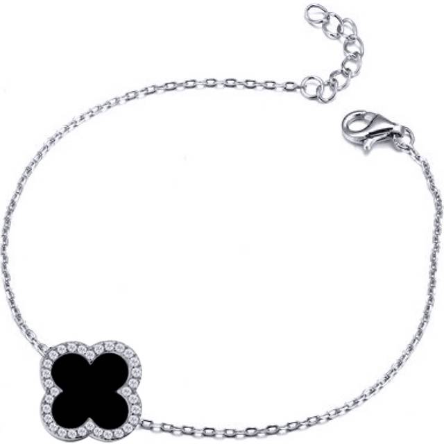 Jewelco London Silver Black Clover Onyx & CZ Halo Lucky Charm Chain Bracelet 7-8.5" - ABB241