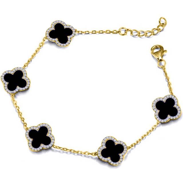 Jewelco London Gold-plated Silver Black Clover Onyx & CZ Halo Lucky Charm 5 Station Bracelet 7-8.5&#34; - ABB249-GP