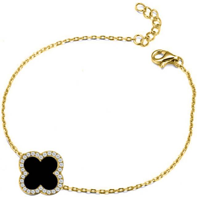Jewelco London Gold-plated Silver Black Clover Onyx & CZ Halo Lucky Charm Chain Bracelet 7-8.5" - ABB241-GP