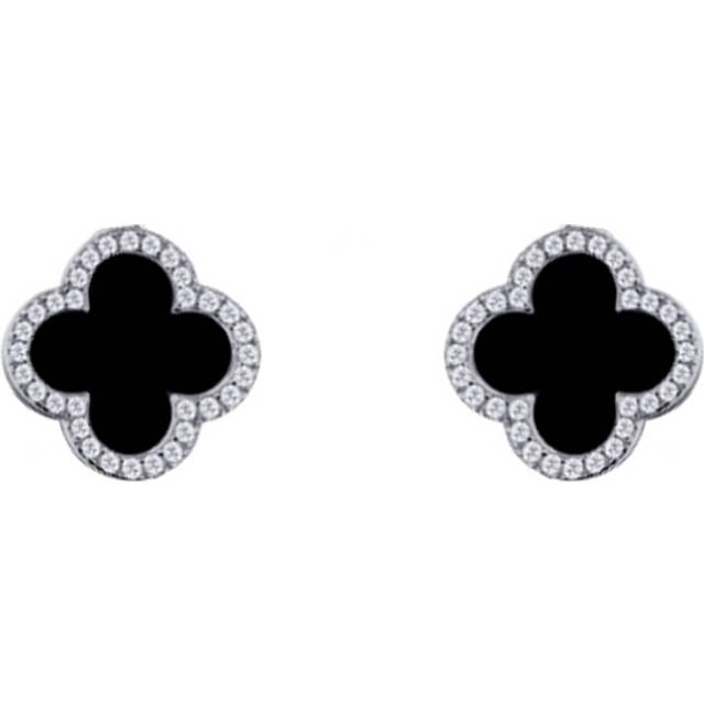 Jewelco London Rhodium Silver Black Clover Onyx & CZ Halo Lucky Charm Earrings 11mm - AES258