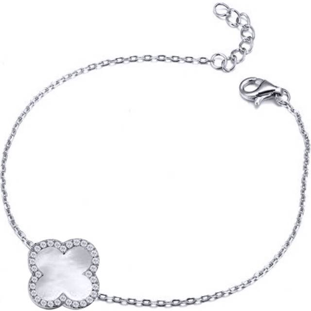 "Jewelco London Silver Clover Mother of Pearl & CZ Halo Lucky Charm Chain Bracelet 7-8.5"" - ABB242"