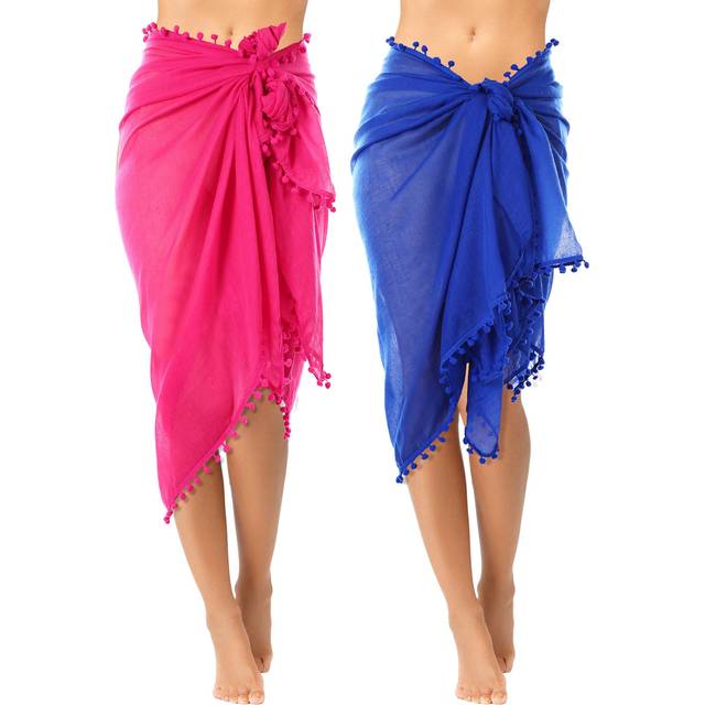 Boao 2 Pieces Women Sarong Coverups Long Sarong Plus Size Pareo Batik Beach Wrap with Tassel Chiffon Swimsuit for Girls (Rose Red  Royal Blue)