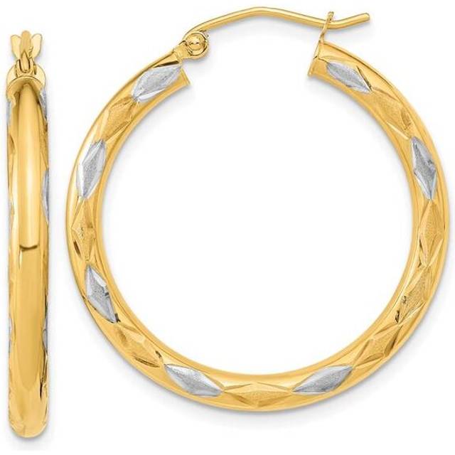 Quality Gold TF1025 14K Yellow & Rhodium with White Polished Satin & Diamond-Cut Hoop Earrings