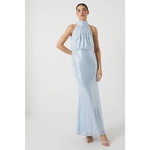 Halter Neck Sheer Sequin Bridesmaid Maxi Dress - Ice Blue - 12