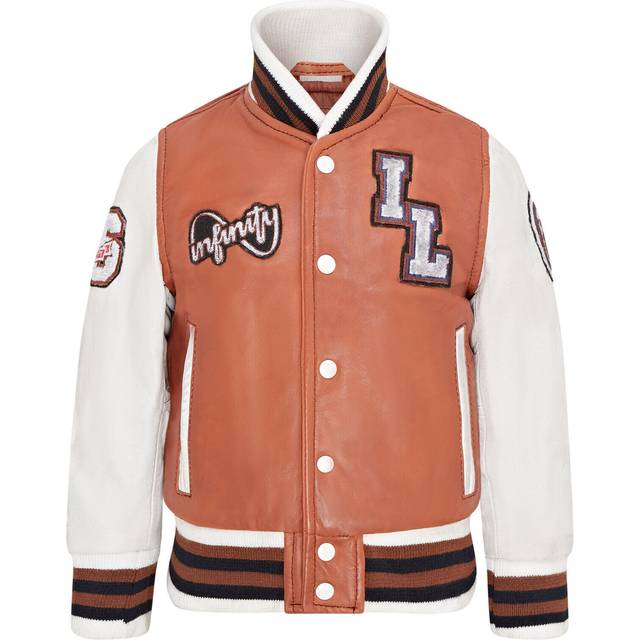 Kids brown letterman leather jacket badges varsity college bomber baseball tan