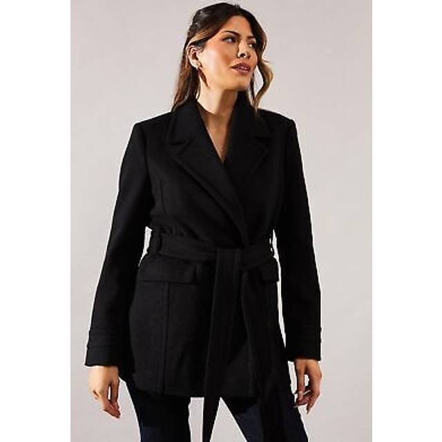 Womens Short Belted Wrap Coat - Black - 18