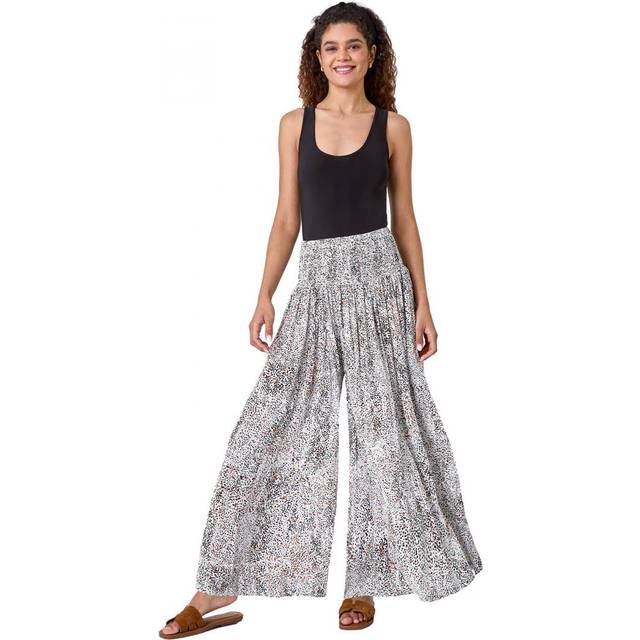 Roman Black Animal Shirred Palazzo Stretch Trouser - Size ONE