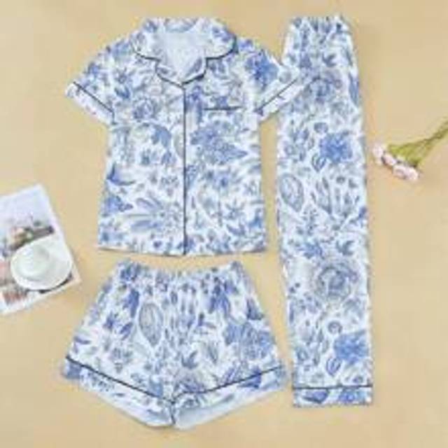Pyjamasset för kvinnor med 3 st blommigt tryckt, innehåller en kortärmad topp med krage och lösa elastiska shorts och byxor, sovkläder för kvinnor och - Babyblå (L,M,S,XL,XXL)