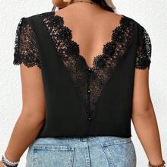 Plus Size Dam Boho Enfärgad Spets Patchwork V-hals Blus, Svart Enfärgad Spets Topp, Kontrast Spets Rygg, Rygglös Blus, Höst, Bröllopssäsong Gäst Blus, (0XL,1XL,2XL,3XL,4XL)
