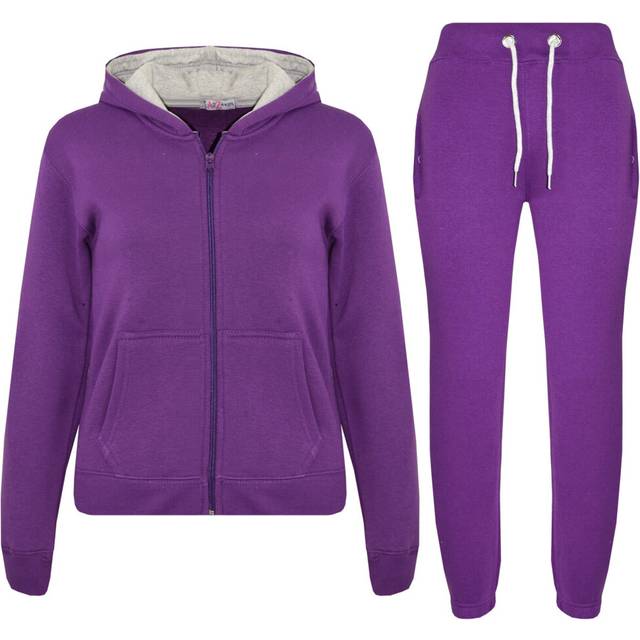 (9-10 Years, Purple & Grey) Kids Girls Purple & Grey Fleece Hooded Tracksuit