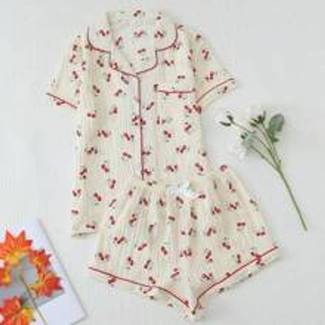 2st/set Körsbärstryckt sommarpyjamasset för kvinnor, kortärmad skjorta och shorts med knäppning, fritidskläder för sommaren., set i två delar - Aprikos (L,M,S,XL)
