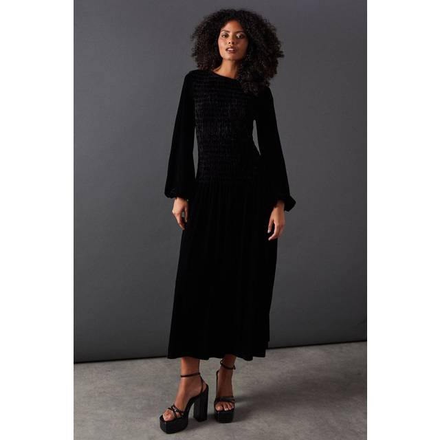 Warehouse Womens Velvet Ruched Body Puff Sleeve Midi Dress - Black - Size 10 UK