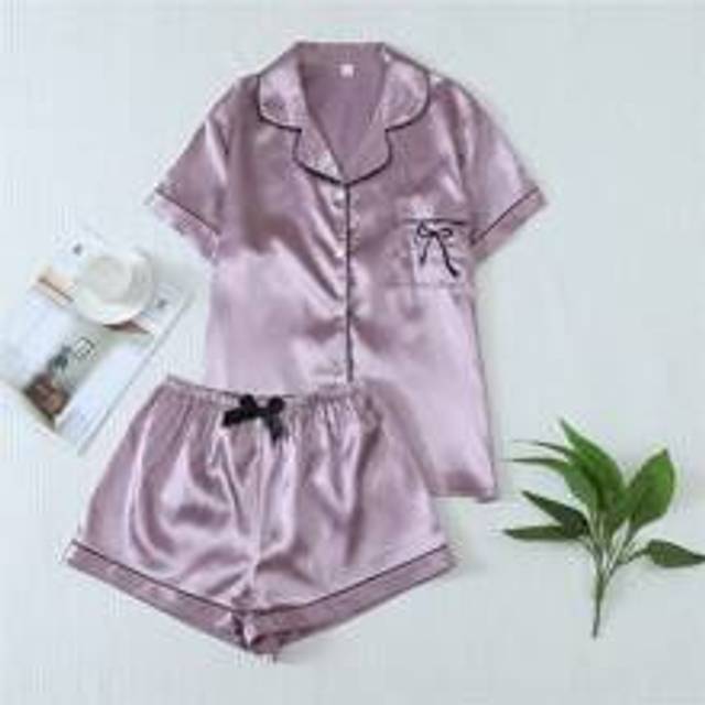 2st/set, rosett för kvinnor, broderad satin sommarpyjamasset, kortärmad skjorta och shorts med knäppning, fritidskläder för sommaren., set med två del - Lila (L,M,S,XL)