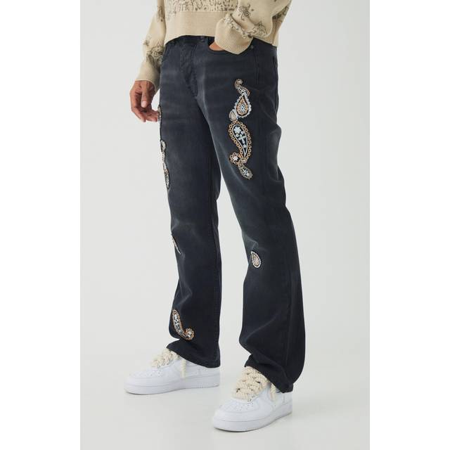 Slim Rigid Flare Washed Paisley Applique Jeans - Black - 32R