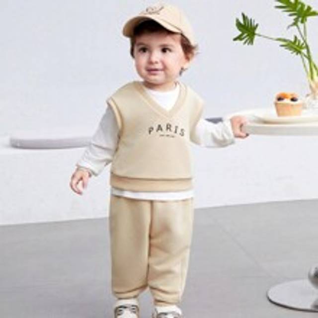 Baby pojke/flicka 3 st uppsättning av kortärmad t-shirt, enfärgade långbyxor och bokstavstryckt tröja med rund hals - Aprikos (6-9M,9-12M,12-18M,18-24M,2-3Y)