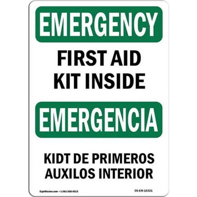 SignMission OS-EM-A-710-L-10321 7 x 10 in. OSHA Emergency Sign - First Aid Kit Inside Bilingual
