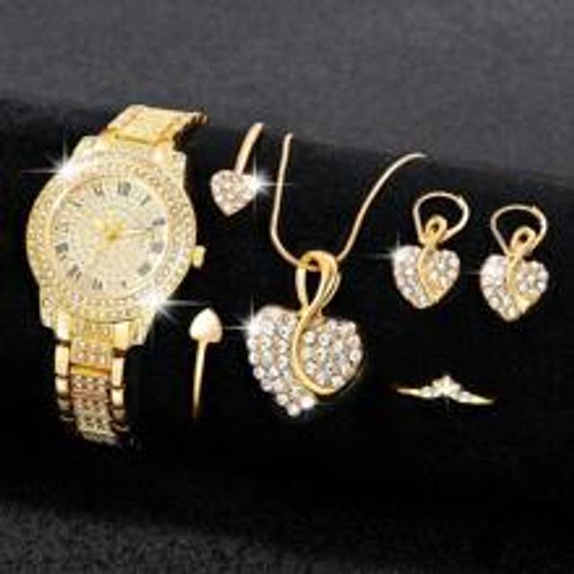 1 set vackert, elegant damkvartsur med hjärtformade smycken, hänge, halsband, örhängen, ringar och armband, perfekt present till damer, armband i diam (En-Storlek)