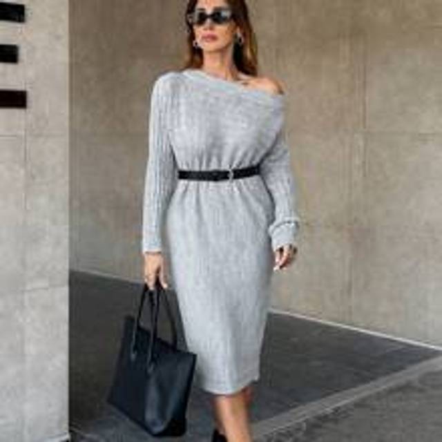 Asymmetrisk hals Batwing ärm Ribbstickad Casual Mini tröja klänning - Grå (L,M,S)