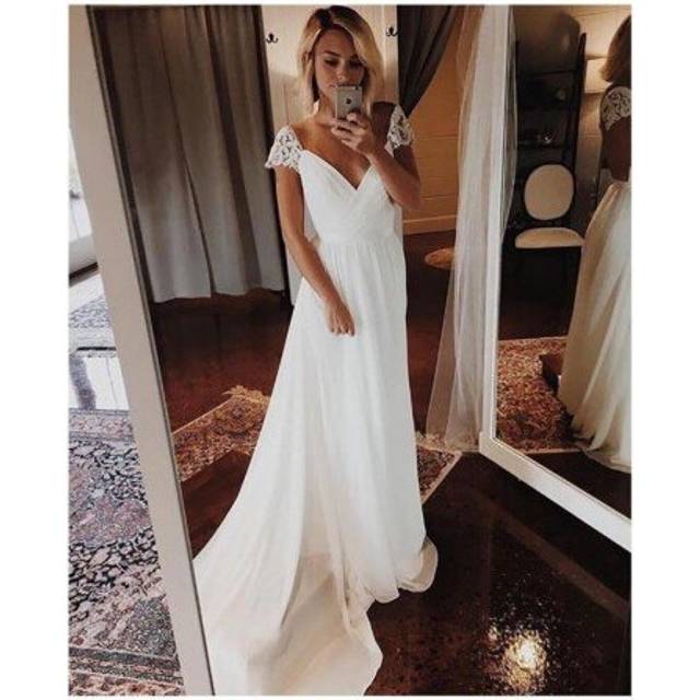 (Ivory) Cap Sleeves Wedding Dress 2019 V Neck Chiffon Appliques Backless Beach Bridal Dress High quality Wedding Gowns
