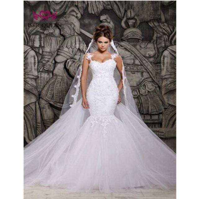 (White) Lace appliques Crystal Beading Wedding Dresses Sexy Illusion Back African Mermaid Wedding Dress 2020 Pure white Plus Size W0014
