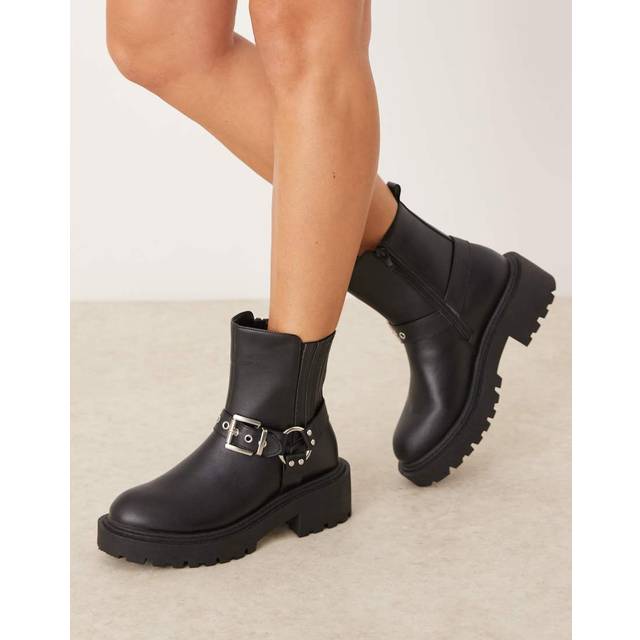 New Look Women's Black Chunky Buckle Biker Boots Vegan - UK 3
