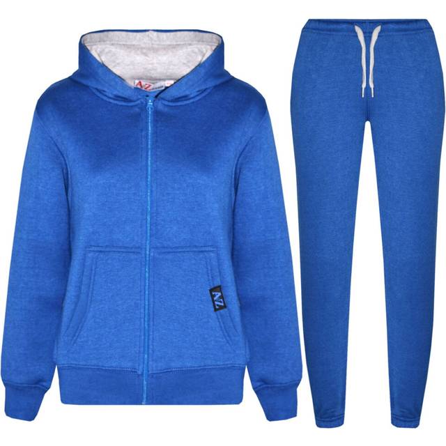 (9-10 Years, Royal Blue & Grey) Kids Girls Boy Royal & Grey Fleece Hooded Tracksuit