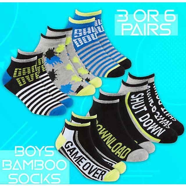 (Blue Grey - 6 Pairs, 6-8.5) Kids Boys Bamboo Socks Trainer Liner Ankle High Game Printed Antibacterial Hypoallergenic Size Uk 6-8.5 9-12 12.5-3.5