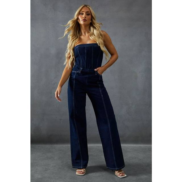 MissPap Womens Seam Detail Bandeau Denim Jumpsuit - Indigo Blue Cotton - Size 6 UK