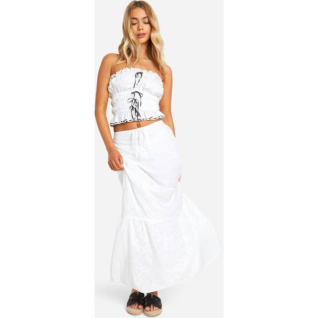 Womens Broderie Contrast Bow Maxi Skirt - White - 12, White