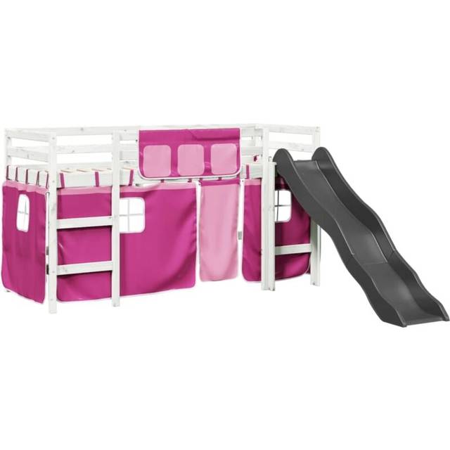 (white and pink, 90 x 200 cm) vidaXL Kids' Loft Bed with Curtains Kids Bed Frame Bunk Bed Solid Wood Pine
