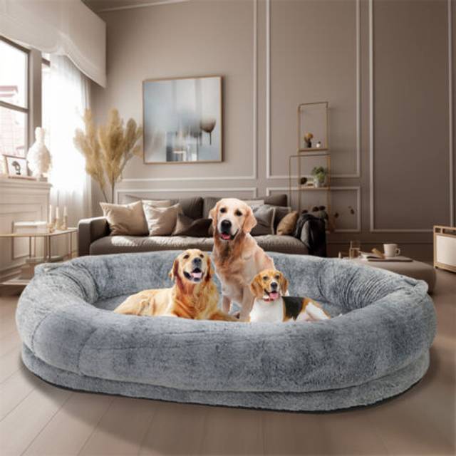 Large human dog bed fluffy calming washing napping mattress big grey beanbag bed