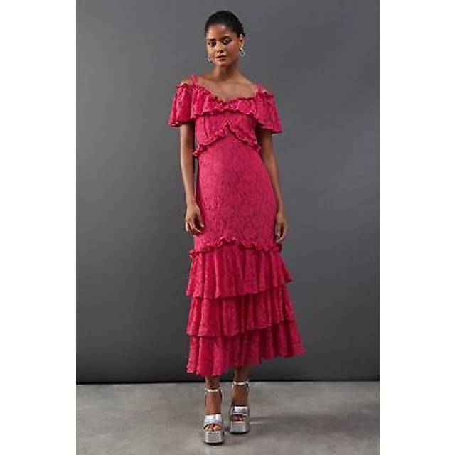 Womens Corded Lace Ruffle Fallen Shoulder Midi Dress - Pink - 8