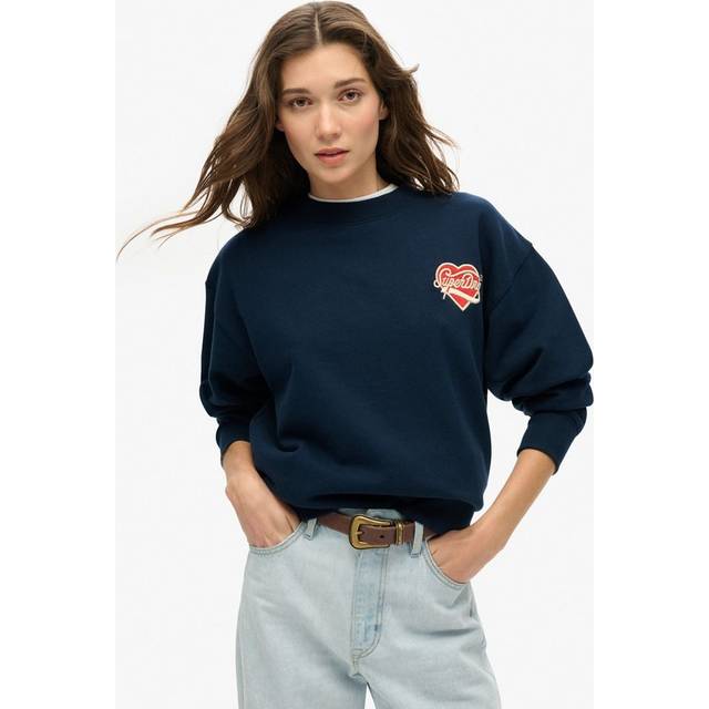 Superdry Workwear Embroidered Loose Crew Jumper - Navy, Navy, Size 8, Women