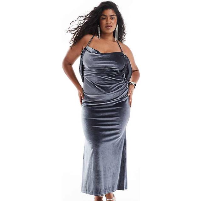 ASOS DESIGN Curve – Mörkgrå midiklänning i sammet med draperad ringning baktill-Grå/a