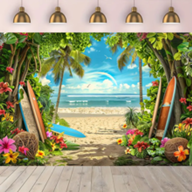 Sommarbakgrund för foto med hawaiiansk strandtema - Mångsidig tyg med blå husvagn, surfbräda och tropiska blommor för luau-fester, resor och campingde - Multifärgad (130*150 cm,150*210 cm,100*150 cm,230*180 cm,210*300 cm)