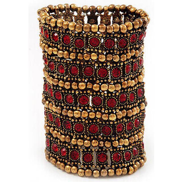 Wide red crystal egyptian style flex bracelet (burn gold tone finish) - 8cm