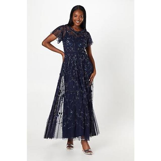 Hand Embellished Flutter Sleeve Boat Neck Midi Dress - Navy - 8
